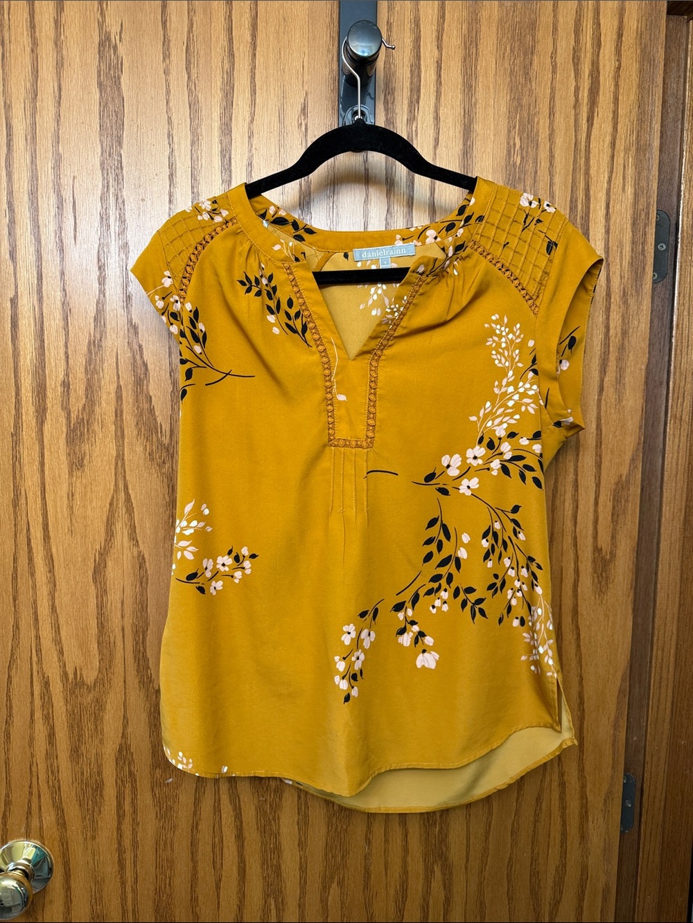 Daniel Rainn Mustard Yellow Floral Crochet-Trim Split-Neck Blouse